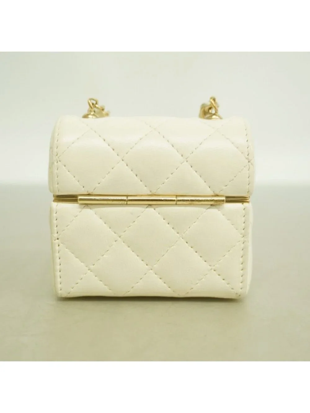 Chanel Airpods Case Quilted Lambskin White Champagne Gold Shoulder